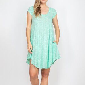 Lollipop Star Ribbed Knit Pockets Crewneck Cap Sleeve Soft Mint Summer Dress